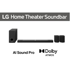 Vedere din față a soundbar-ului, subwoofer-ului și difuzoarelor din spate