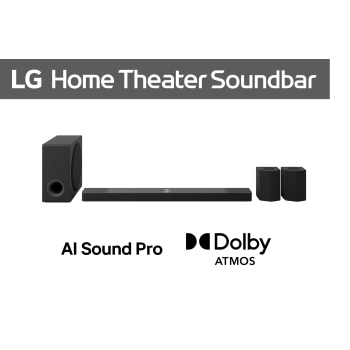 Vedere din față a soundbar-ului, subwoofer-ului și difuzoarelor din spate