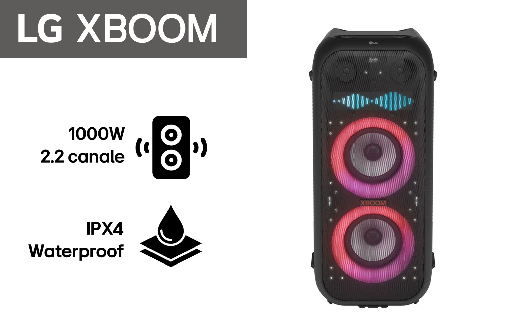LG XBOOM XL9T, Partea stânga-față cu toate luminile aprinse. Pe panoul ecranului Pixel Art, afișează textul Fericire., XL9T