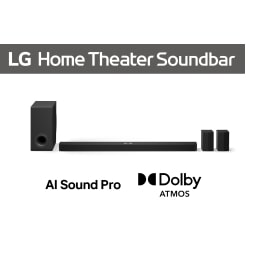 Vedere frontală a LG Soundbar S90TR, subwoofer și difuzoare spate