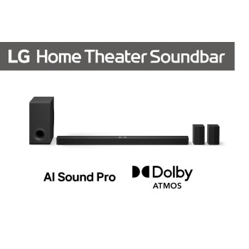 Vedere frontală a LG Soundbar S90TR, subwoofer și difuzoare spate
