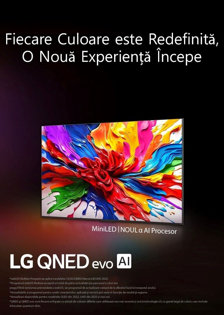 LG QNED TV și soundbar montate pe perete, într-o cameră ușor luminată. Pe TV este afișat un vehicul roșu pe șosea. Sigla „webOS Re:New program” este în imagine. O declinare a răspunderii transmite: „webOS Re:New Program acceptă un total de patru actualizări pe parcursul a cinci ani, pragul fiind versiunea preinstalată de webOS, iar programul de actualizare variază de la finalul lunii la începutul anului.” „Actualizările și programul pentru anumite caracteristici, aplicații și servicii pot varia în funcție de model și de regiune.”