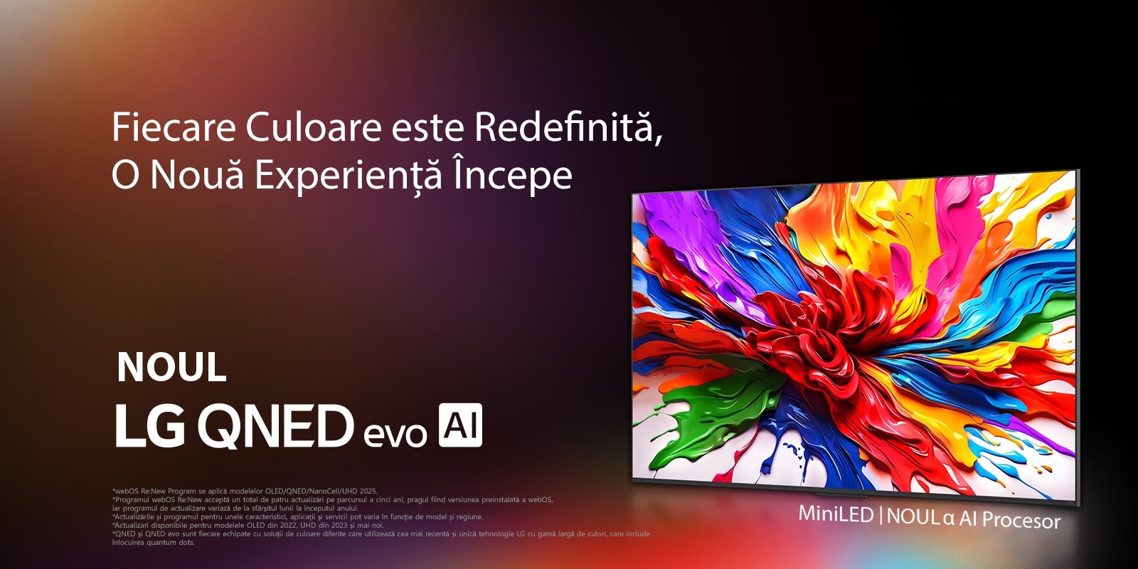 LG QNED TV și soundbar montate pe perete, într-o cameră ușor luminată. Pe TV este afișat un vehicul roșu pe șosea. Sigla „webOS Re:New program” este în imagine. O declinare a răspunderii transmite: „webOS Re:New Program acceptă un total de patru actualizări pe parcursul a cinci ani, pragul fiind versiunea preinstalată de webOS, iar programul de actualizare variază de la finalul lunii la începutul anului.” „Actualizările și programul pentru anumite caracteristici, aplicații și servicii pot varia în funcție de model și de regiune.”