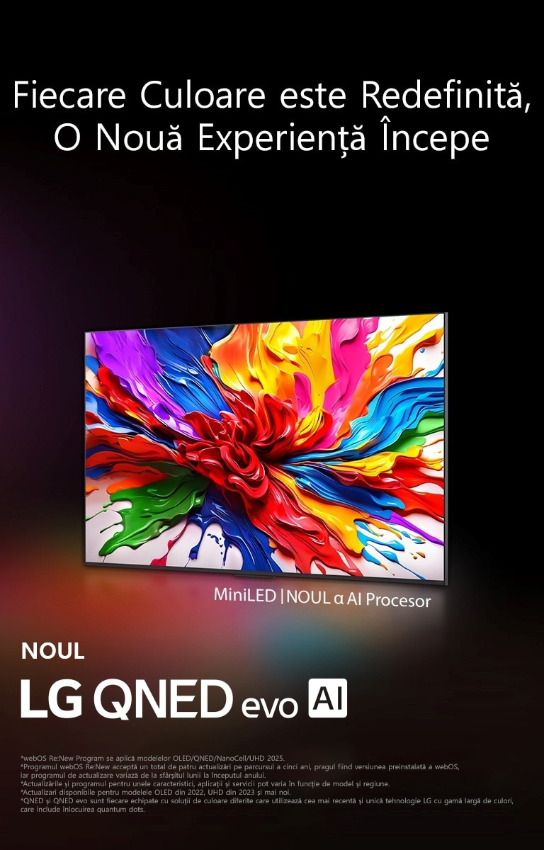 LG QNED TV și soundbar montate pe perete, într-o cameră ușor luminată. Pe TV este afișat un vehicul roșu pe șosea. Sigla „webOS Re:New program” este în imagine. O declinare a răspunderii transmite: „webOS Re:New Program acceptă un total de patru actualizări pe parcursul a cinci ani, pragul fiind versiunea preinstalată de webOS, iar programul de actualizare variază de la finalul lunii la începutul anului.” „Actualizările și programul pentru anumite caracteristici, aplicații și servicii pot varia în funcție de model și de regiune.”