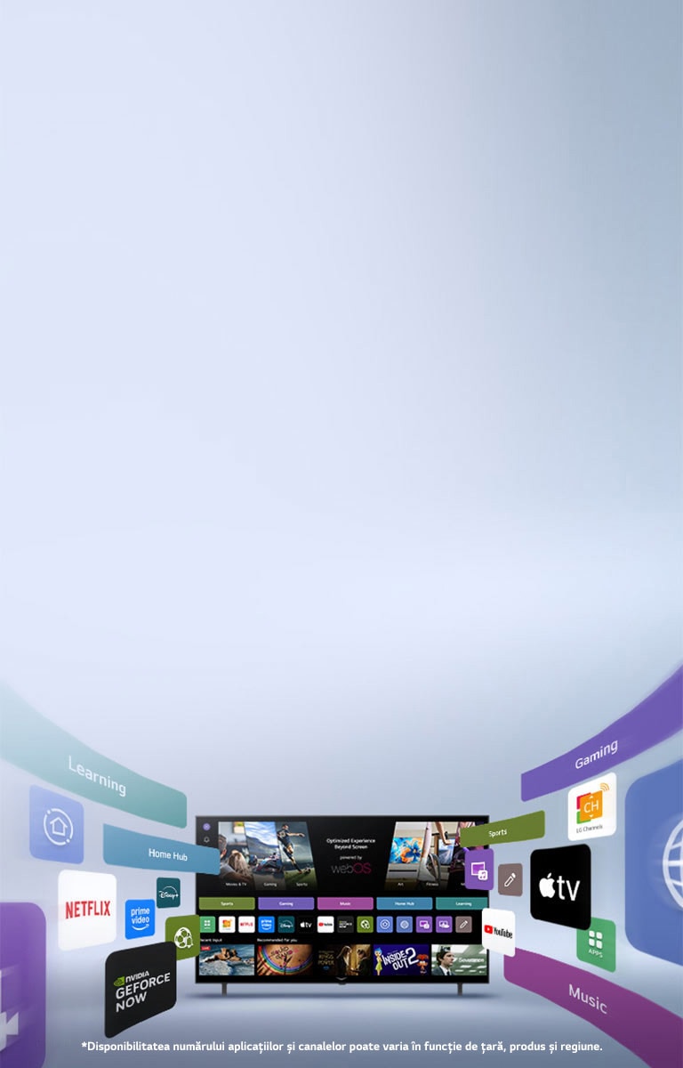 LG Smart TV afișează ecranul principal webOS cu aplicațiile de divertisment și elementele UI ale LG Channels ieșind dinamic spre exterior, evidențiind peste 4.000 de aplicații și canale globale.