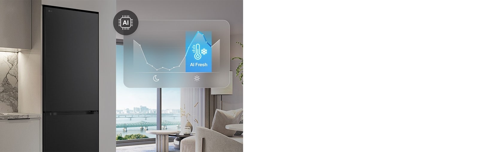 Frigiderul LG cu congelator inferior (GBBW726AEV), amplasat lângă mobilier gri deschis