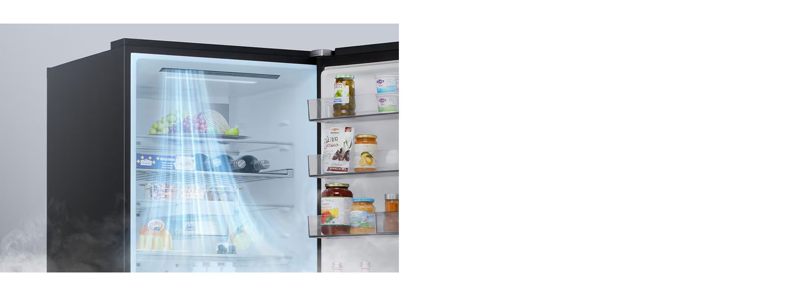 Frigiderul LG cu congelator inferior (GBBW726AEV) deschis,