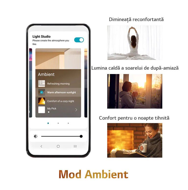 "Imagine a telefonului mobil cu ecranul APP pornit în modul Ambient. Imaginile includ imagini cu femei care stau pe paturi reflectând și făcând stretching, femei care privesc apusul și femei care fac pauză citind cărți."