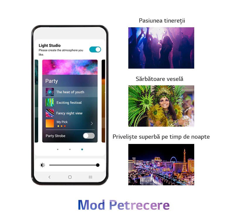 Imagine a telefonului mobil cu ecranul APP pornit în modul Petrecere. Imagini cu siluete de oameni care dansează în cluburi. Imaginea unei femei care poartă haine de petrecere viu colorate. Priveliște cu orașul noaptea, colorat în culorile neoanelor.