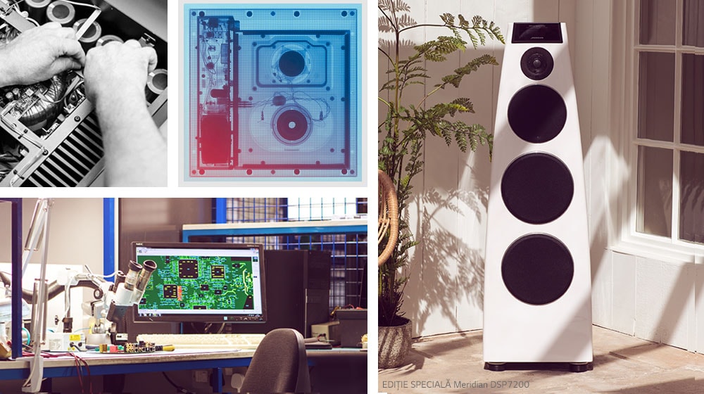 Colaj. În sensul acelor de ceasornic din stânga sus: două imagini ale echipamentului intern Meridian, un difuzor alb Meridian și un birou R&D Meridian.