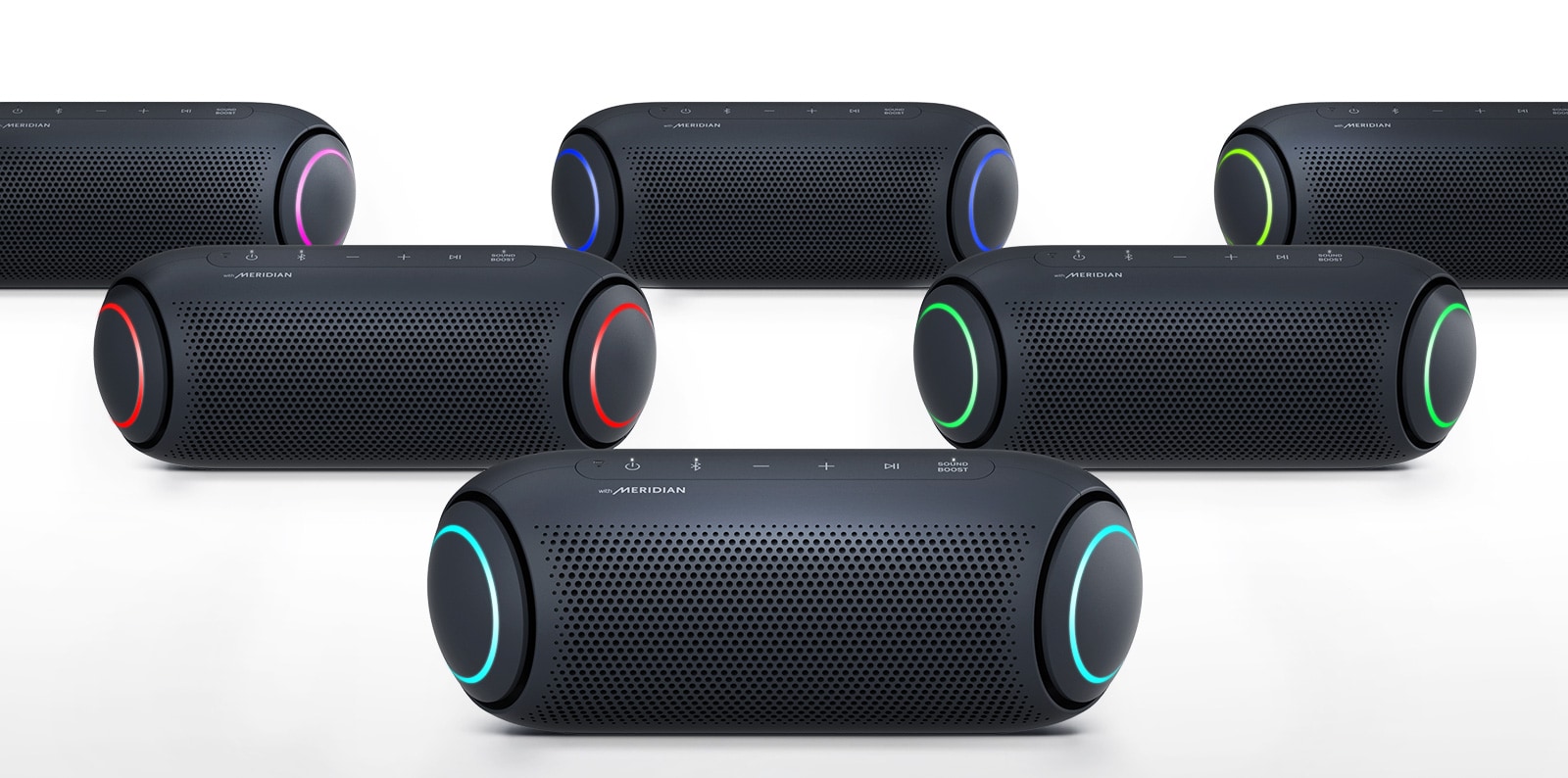 Pe fundal alb, cinci XBOOM Go redau iluminări de culori diferite.