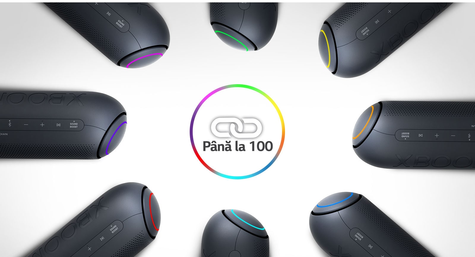 Pe fundal alb, opt LG XBOOM Go cu diverse lumini sunt poziționate în cerc în jurul unei pictograme cu o legătură.