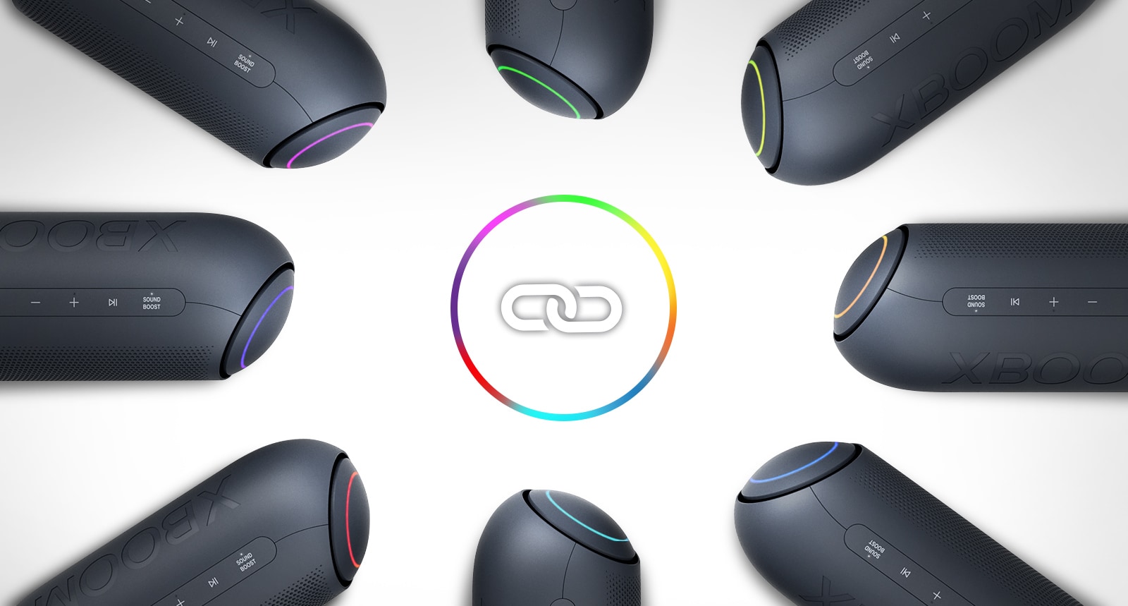Pe fundal alb, opt LG XBOOM Go cu diverse lumini sunt poziționate în cerc în jurul unei pictograme cu o legătură.