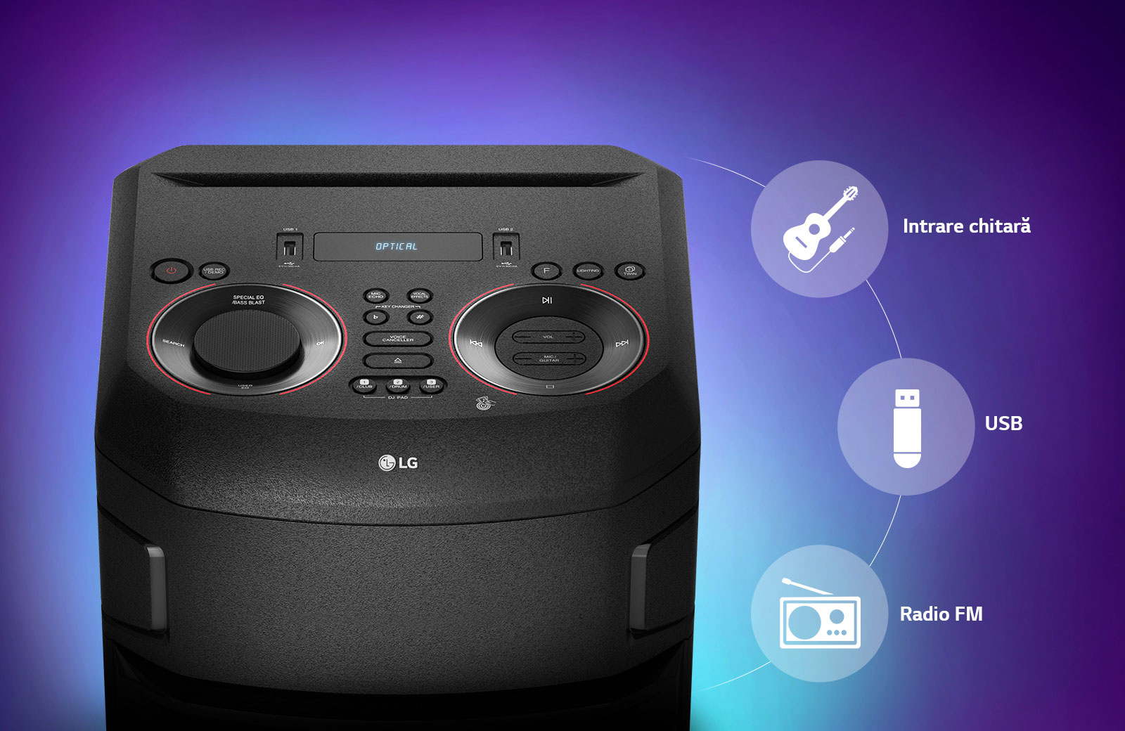 O vedere în prim-plan a părții superioare a LG XBOOM, simbolurile de conectivitate sunt prezentate în jurul produsului.