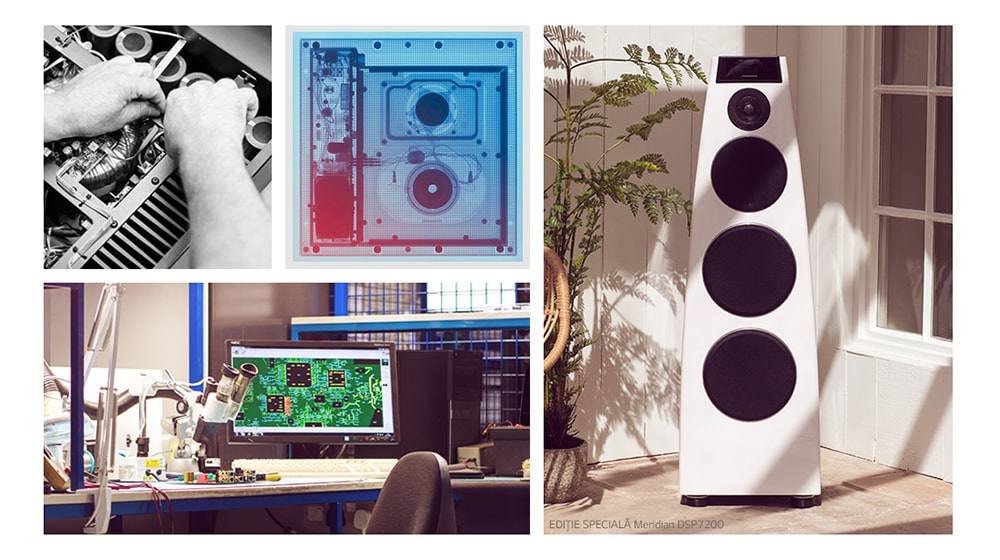 Colaj. În sensul acelor de ceasornic din stânga sus: două imagini ale echipamentului intern Meridian, un difuzor alb Meridian și un birou R&D Meridian.