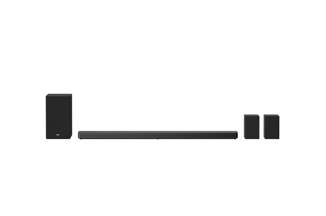 LG Sound Bar SN11R, vedere frontală cu subwoofer și difuzor incendiar în spate, SN11R