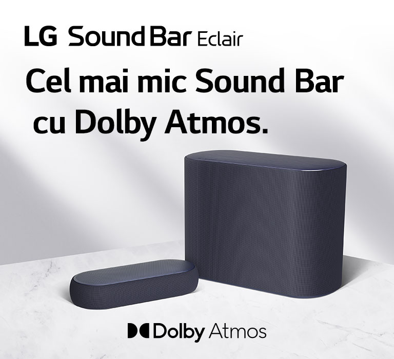 Un soundbar și un subwoofer sunt așezate pe o podea de marmură, soundbarul și subwooferul fiind orientate spre părți opuse