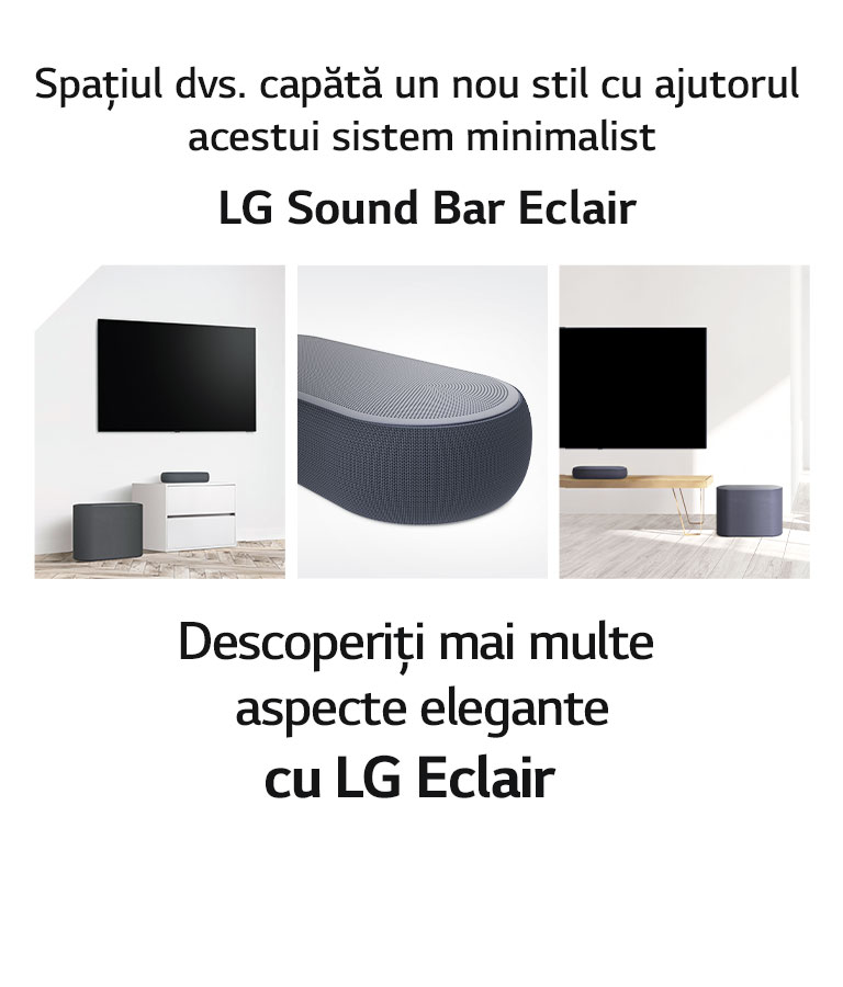 Zu sehen ist eine Collage aus drei Bildern: Soundbar und Subwoofer in einem weißen Wohnzimmer auf der linken Seite, eine Nahaufnahme der rechten Seite der Soundbar in der Mitte und Soundbar und Subwoofer auf einer Holzkommode auf der rechten Seite.