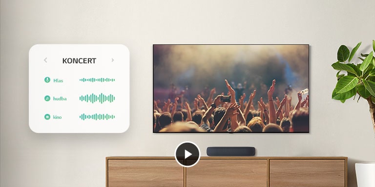 Televizorul este amplasat pe perete. Televizorul prezintă oameni care aplaudă la concert, canalul este trecut la o scenă de film cu o mașină care este condusă printr-o pădure, și canalul este din nou trecut la Știri și vorbește un prezentator. Soundbar-ul LG se află chiar sub televizor, pe un raft din lemn.