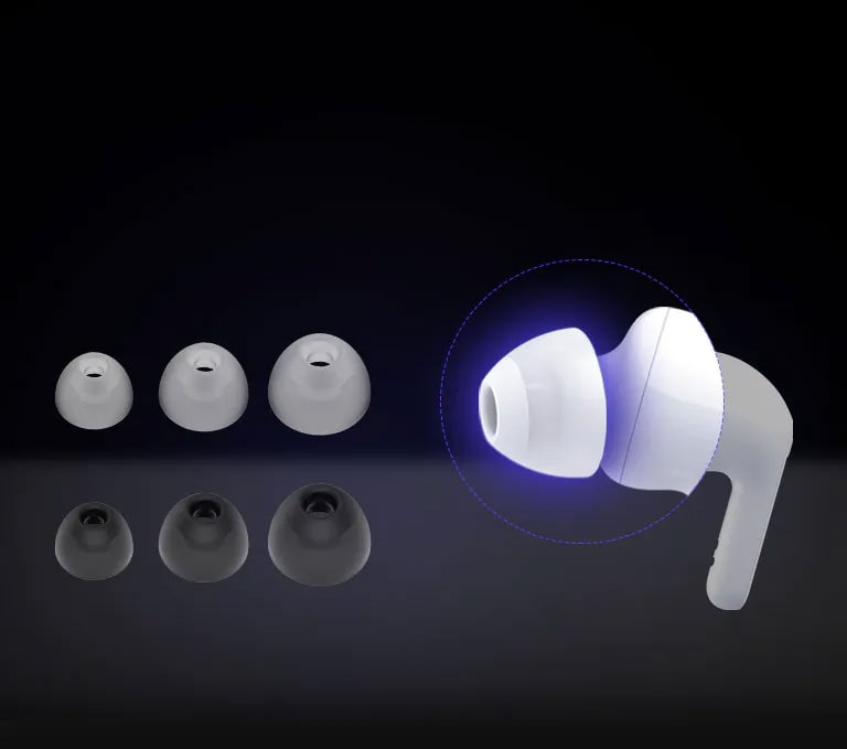 An image of a white earbud and two sets of three different sized ear gels.