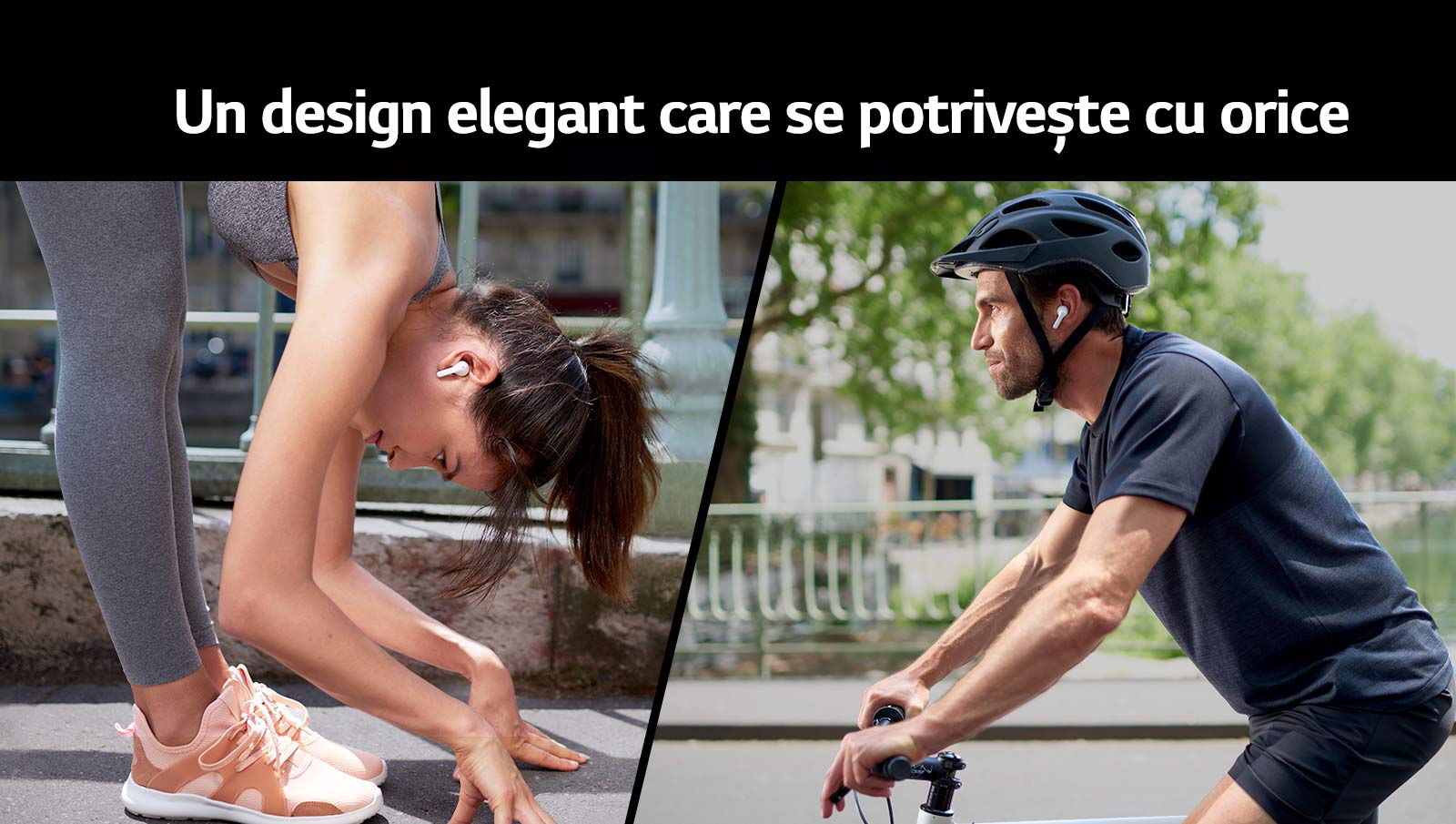 O femeie se apleacă pentru a se întinde, în timp ce poartă TONE Free. Un bărbat merge pe bicicletă.