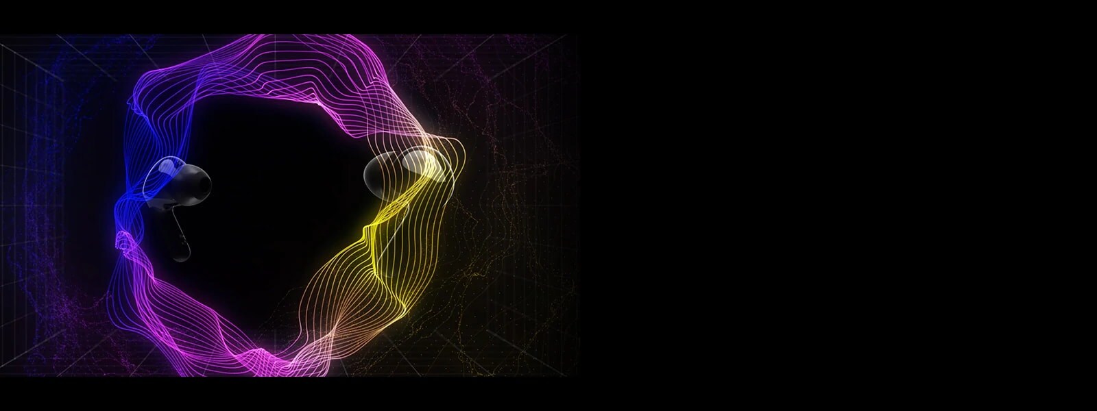 O imagine a două căști care plutesc într-un spațiu virtual cu iluminare colorată care înconjoară spațiul.