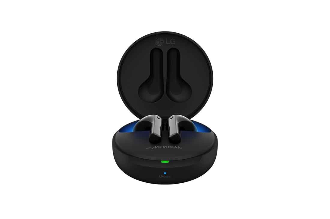 LG TONE Free FN7 , O vedere frontală a unui suport deschis cu iluminarea de ambianță aprinsă, HBS-FN7 Black, thumbnail 6