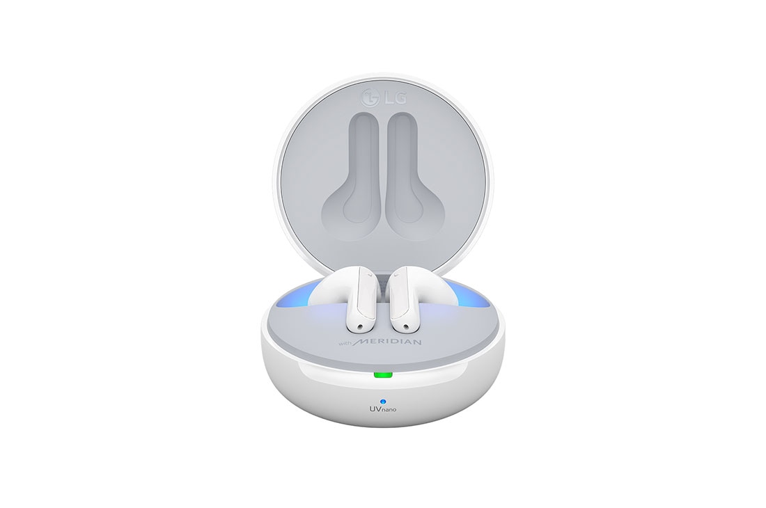 LG HBS-FN7 White, O vedere frontală a unui suport deschis cu iluminarea de ambianță aprinsă, HBS-FN7 White, thumbnail 6