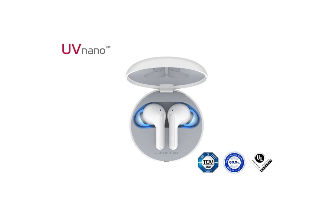 LG HBS-FN7 White, O vedere de sus a suportului deschis, cu iluminarea ambientală aprinsă și logo-urile de certificare UVnano, HBS-FN7 White, thumbnail 2