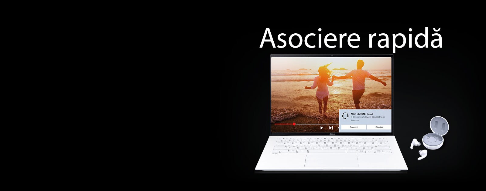 Imagine cu un laptop și dispozitivul TONE Free sub fraza „Asociere rapidă” și alerta de asociere activată pe ecranul laptopului deschis.