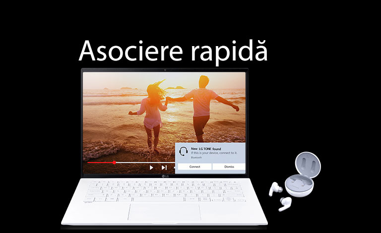 Imagine cu un laptop și dispozitivul TONE Free sub fraza „Asociere rapidă” și alerta de asociere activată pe ecranul laptopului deschis.