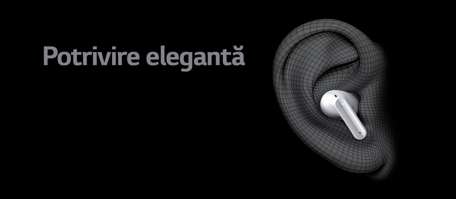 Imagine cu dispozitivul TONE Free purtat pe forma urechii, exprimată în 3D. Mai jos este scris cuvântul Ergonic Fit.