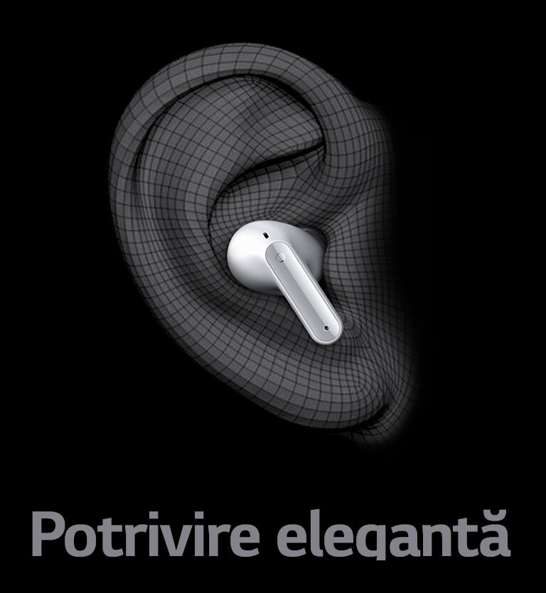 Imagine cu dispozitivul TONE Free purtat pe forma urechii, exprimată în 3D. Mai jos este scris cuvântul Ergonic Fit.