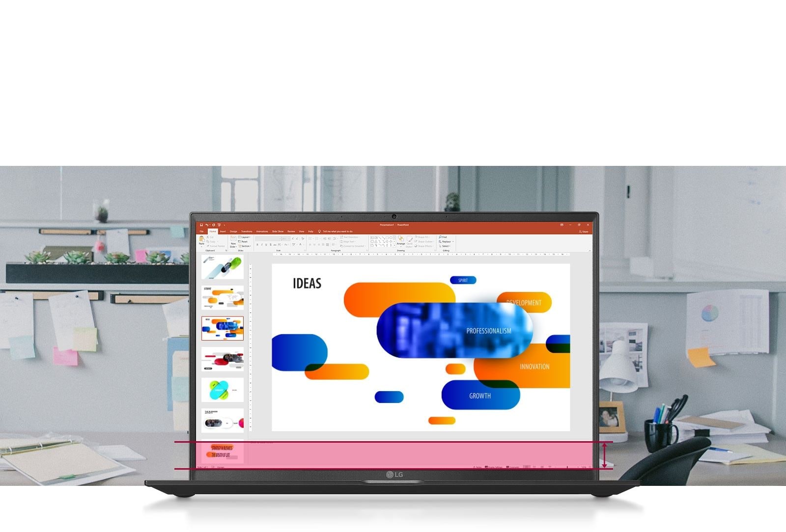 Ecranul mare 16:10 care îți permite să vizualizezi mai multe date când lucrezi în Powerpoint