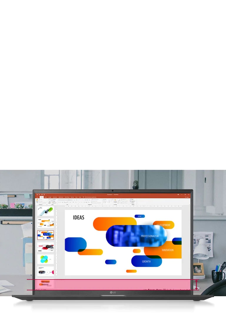 Ecranul mare 16:10 care îți permite să vizualizezi mai multe date când lucrezi în Powerpoint