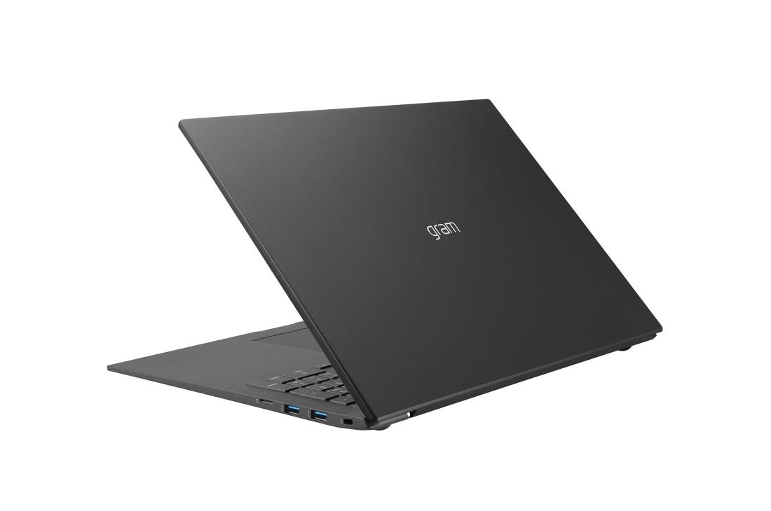 LG gram ultra-ușor, cu ecran de 17'' IPS 16:10  și platformă Intel® Evo™, Vedere posterioară la +30 de grade cu capacul pe jumătate deschis, 17Z90P-G.AA55H1, thumbnail 8