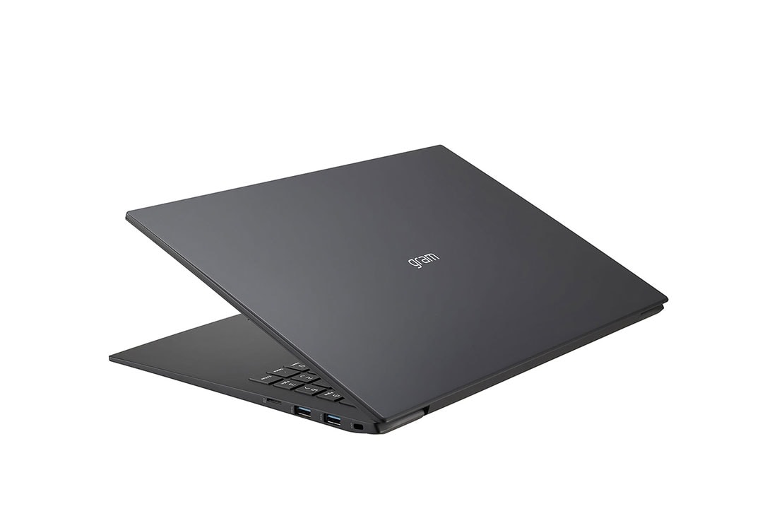 LG gram ultra-ușor, cu ecran de 16'' IPS 16:10  și platformă Intel® Evo™, Vedere posterioară la +30 de grade cu capacul pe jumătate deschis, 16Z90P-G.AA55H1, thumbnail 8
