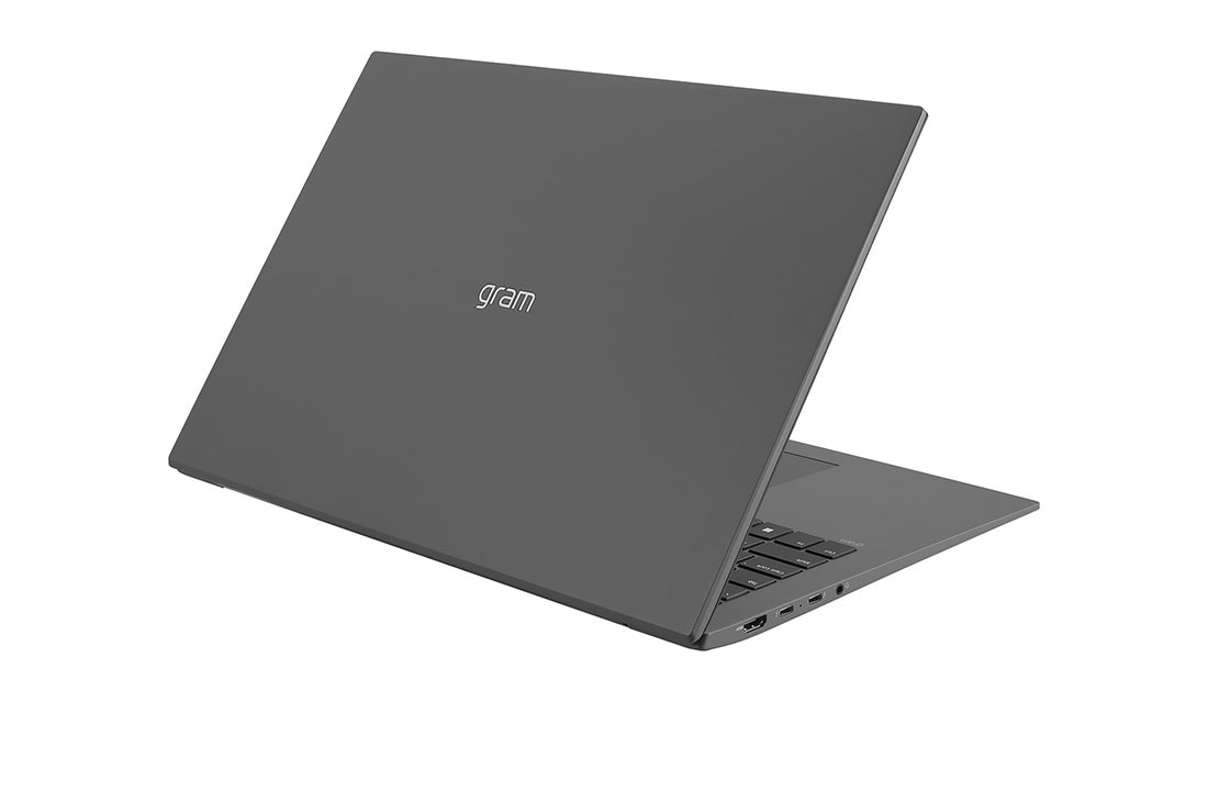 LG gram de 17” ultra-ușor cu 16:10 IPS afișaj anti-reflex și procesor Intel® Evo de a 12-a generație, Vedere posterioară la +30 de grade cu capacul pe jumătate deschis, 17Z90Q-G, thumbnail 5