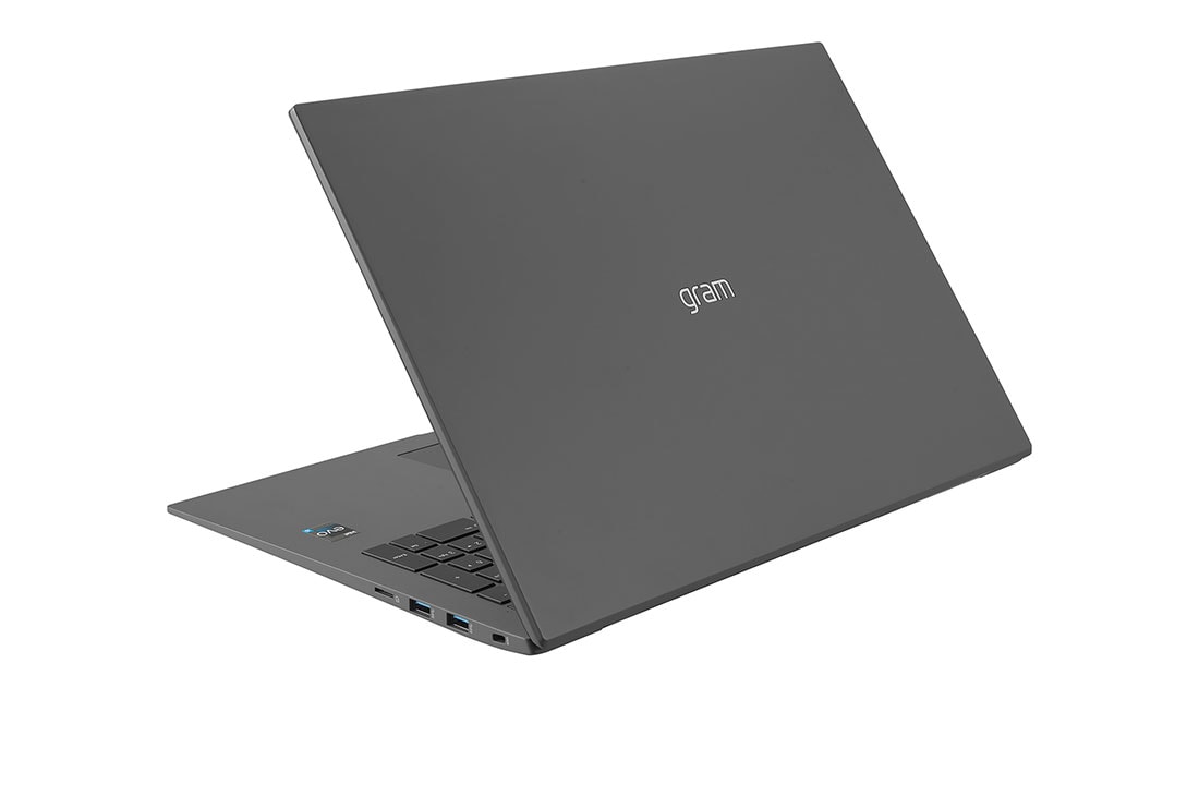 LG gram de 17” ultra-ușor cu 16:10 IPS afișaj anti-reflex și procesor Intel® Evo de a 12-a generație, Vedere posterioară la +30 de grade cu capacul pe jumătate deschis, 17Z90Q-G, thumbnail 8