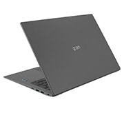 LG gram de 17” ultra-ușor cu 16:10 IPS afișaj anti-reflex și procesor Intel® Evo de a 12-a generație, Vedere posterioară la +30 de grade cu capacul pe jumătate deschis, 17Z90Q-G, thumbnail 8