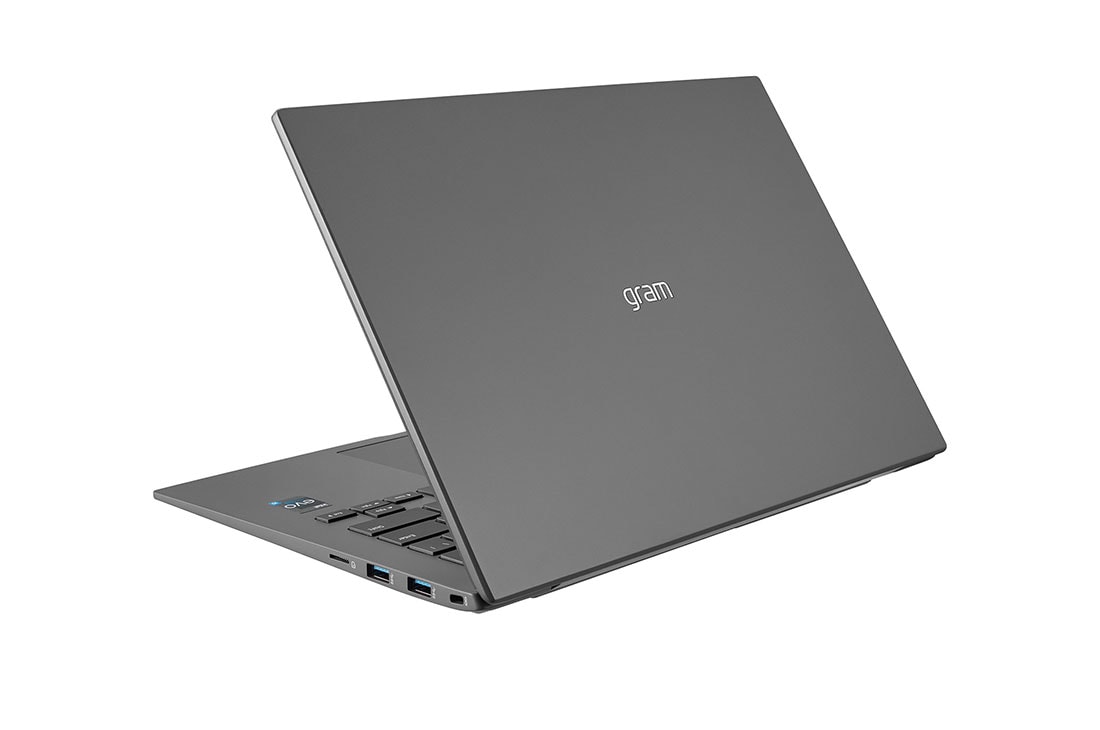 LG gram de 14” ultra-ușor cu 16:10 IPS afișaj anti-reflex și procesor Intel® Evo de a 12-a generație, Vedere posterioară la +30 de grade cu capacul pe jumătate deschis, 14Z90Q-G, thumbnail 8