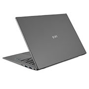 LG gram de 14” ultra-ușor cu 16:10 IPS afișaj anti-reflex și procesor Intel® Evo de a 12-a generație, Vedere posterioară la +30 de grade cu capacul pe jumătate deschis, 14Z90Q-G, thumbnail 8