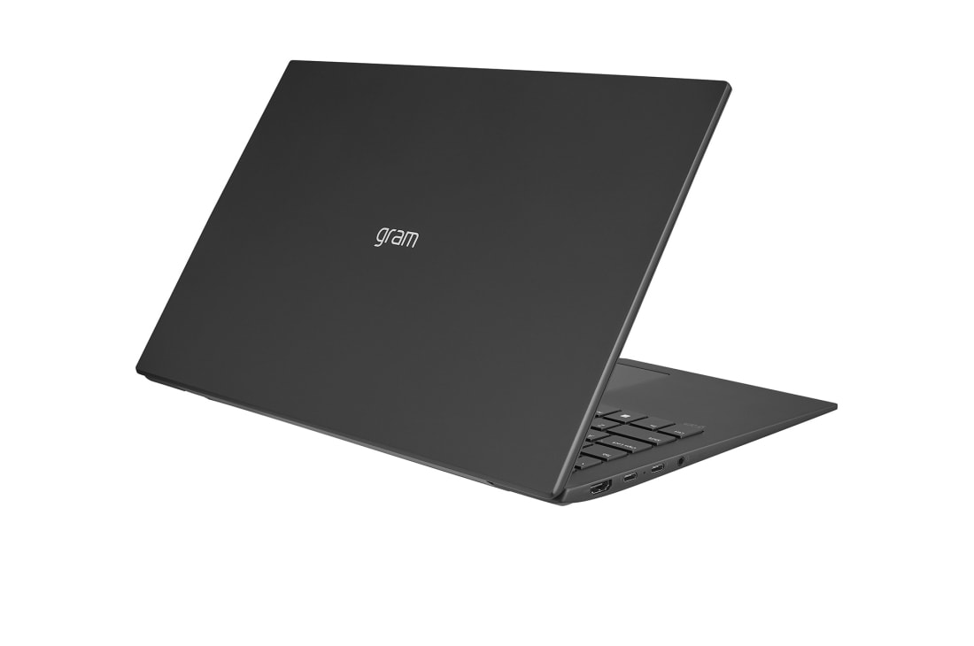 LG gram de 15” ultra-ușor cu afișaj IPS anti-reflex și procesor Intel® Evo de a 12-a generație, Vedere posterioară la +30 de grade cu capacul pe jumătate deschis, 15Z90Q-G, thumbnail 5