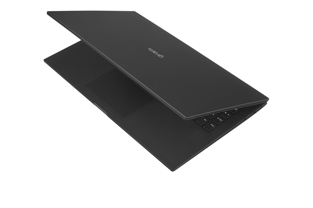 LG gram de 15” ultra-ușor cu afișaj IPS anti-reflex și procesor Intel® Evo de a 12-a generație, Vedere laterală la -30 de grade cu capacul pe jumătate deschis, 15Z90Q-G, thumbnail 9