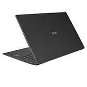 LG gram de 15” ultra-ușor cu afișaj IPS anti-reflex și procesor Intel® Evo de a 12-a generație, Vedere posterioară la +30 de grade cu capacul pe jumătate deschis, 15Z90Q-G, thumbnail 8