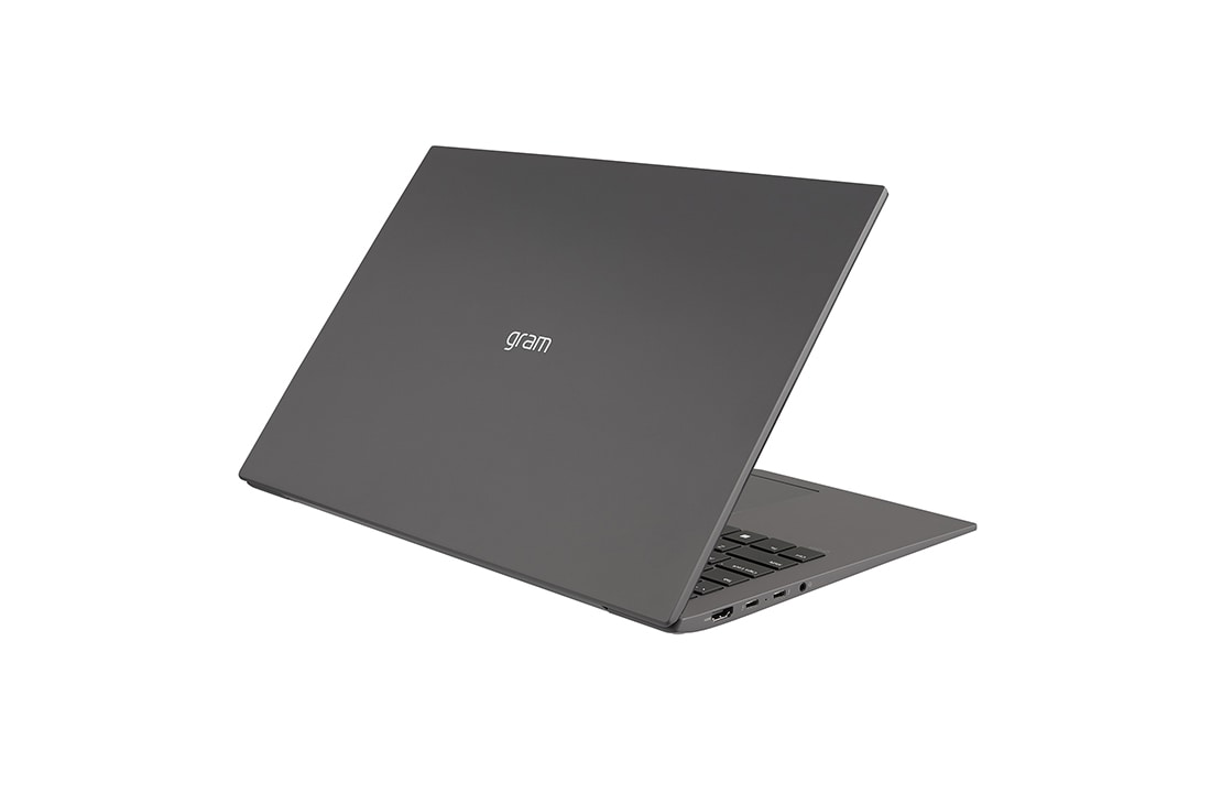 LG gram de 16” ultra-ușor cu 16:10 IPS afișaj anti-reflex și procesor Intel® Evo de a 12-a generație, Vedere posterioară la +30 de grade cu capacul pe jumătate deschis, 16Z90Q-G, thumbnail 5