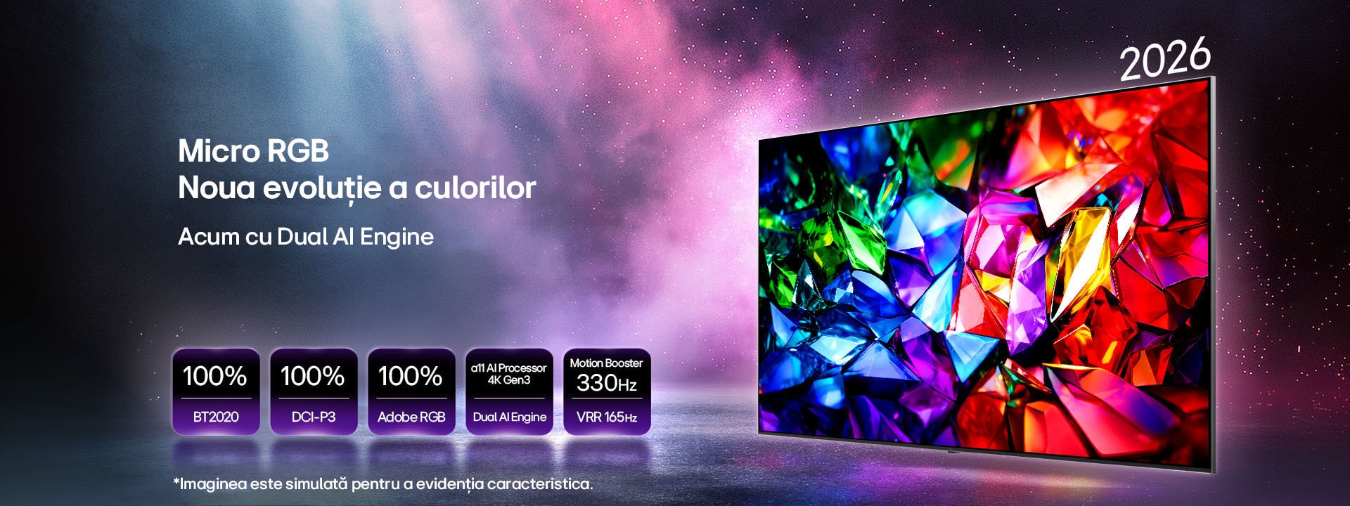 LG Micro RGB evo AI MRGB95, noua evoluție a culorii, afișează o imagine de un cristalinitate intensă, cu fațete clare de roșu, verde și albastru. Acesta dispune de acoperire de 100% a spațiilor de culoare BT2020, DCI-P3 și Adobe RGB, procesor alpha 11 AI 4K Gen3 Dual Engine și Motion Booster 330Hz cu Rata de refresh variabilă (VRR) de 165Hz.