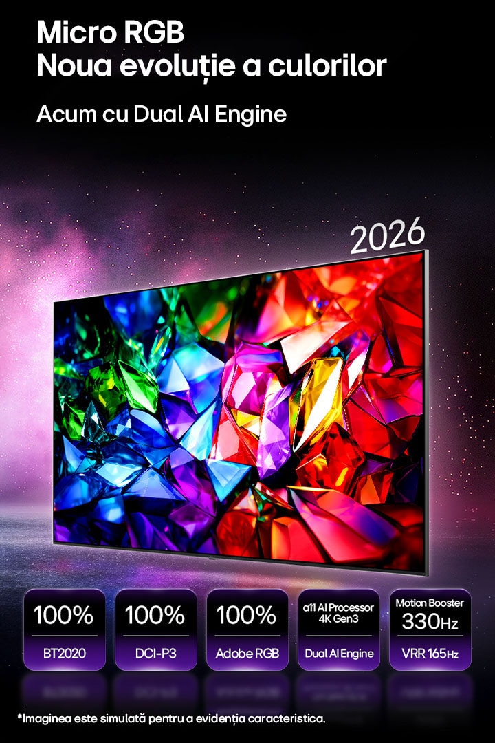 LG Micro RGB evo AI MRGB95, noua evoluție a culorii, afișează o imagine de un cristalinitate intensă, cu fațete clare de roșu, verde și albastru. Acesta dispune de acoperire de 100% a spațiilor de culoare BT2020, DCI-P3 și Adobe RGB, procesor alpha 11 AI 4K Gen3 Dual Engine și Motion Booster 330Hz cu Rata de refresh variabilă (VRR) de 165Hz.