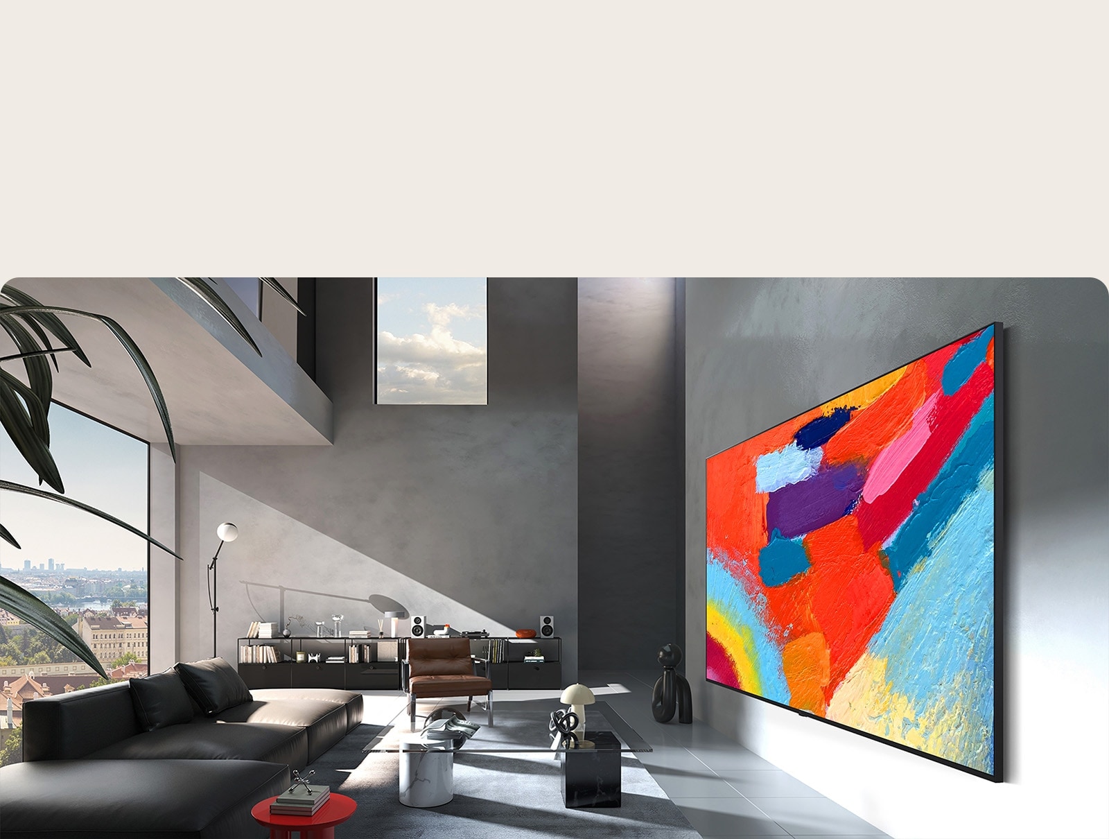  LG Micro RGB evo AI MRGB95, conceput cu Flush-fit Design, este montat perfect la nivelul peretelui într-o cameră spațioasă, afișând o operă de artă impresionantă în culori vii care se armonizează cu designul interior înconjurător.