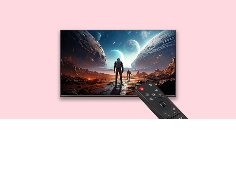 Televizorul LG și telecomanda într-o casetă roșie, cu numărul 3 în colțul din dreapta sus